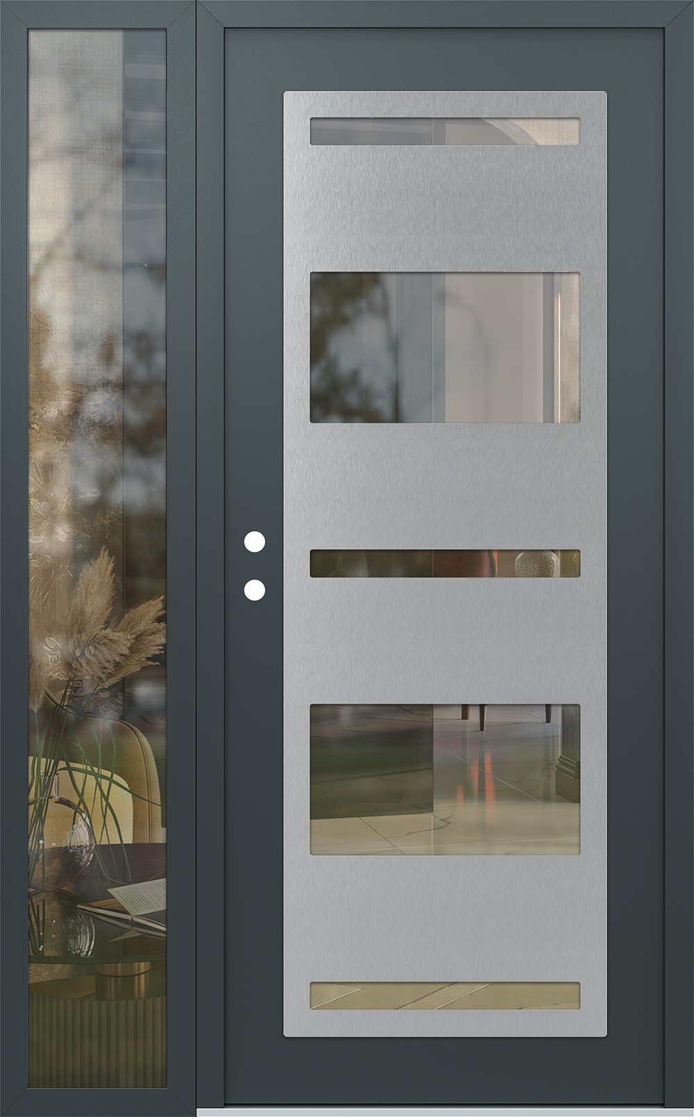 Modern Steel Front Door Diamond C10 50" x 80" anthracite/anthracite clear Glass Panel stainless steel RHI with Sidelite clear Glass