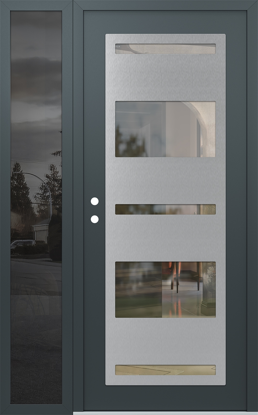 Modern Steel Front Door Diamond C10 50" x 80" anthracite/anthracite clear Glass Panel stainless steel RHI with Sidelite mirrored Glass