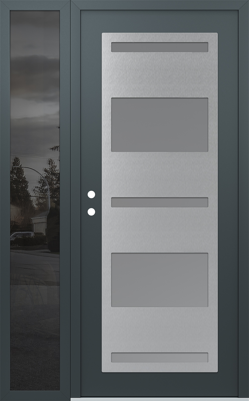 Modern Steel Front Door Diamond C10 50" x 80" anthracite/anthracite frosted Glass Panel stainless steel RHI with Sidelite mirrored Glass