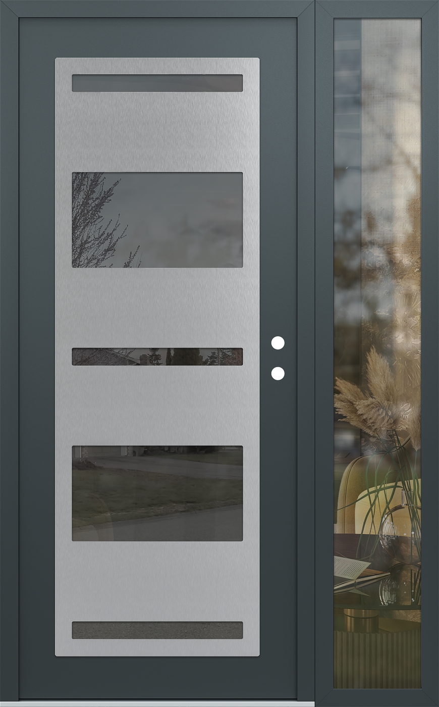 Modern Steel Front Door Diamond C10 50" x 80" anthracite/anthracite mirrored Glass Panel stainless steel LHI with Sidelite clear Glass