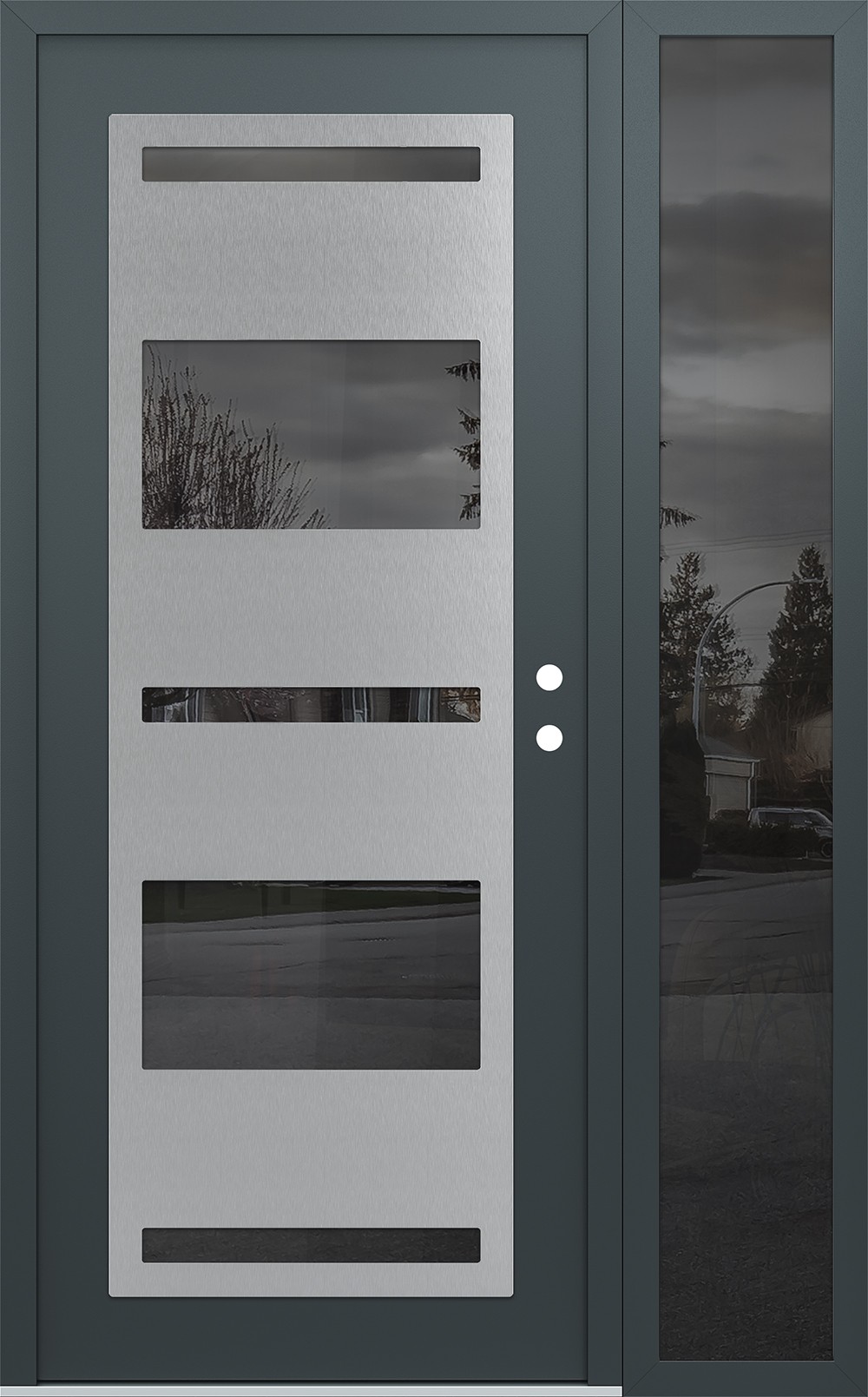 Modern Steel Front Door Diamond C10 50" x 80" anthracite/anthracite mirrored Glass Panel stainless steel LHI with Sidelite mirrored Glass