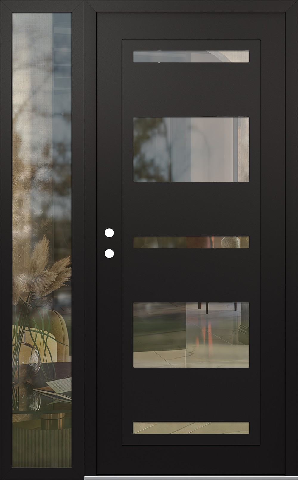 Modern Steel Front Door Diamond C10 50" x 80" black/black clear Glass Panel black RHI with Sidelite clear Glass