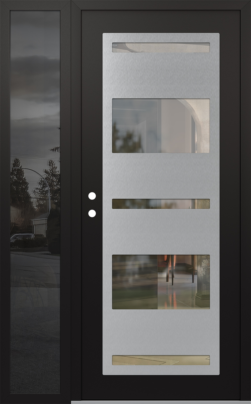 Modern Steel Front Door Diamond C10 50" x 80" black/black clear Glass Panel stainless steel RHI with Sidelite mirrored Glass