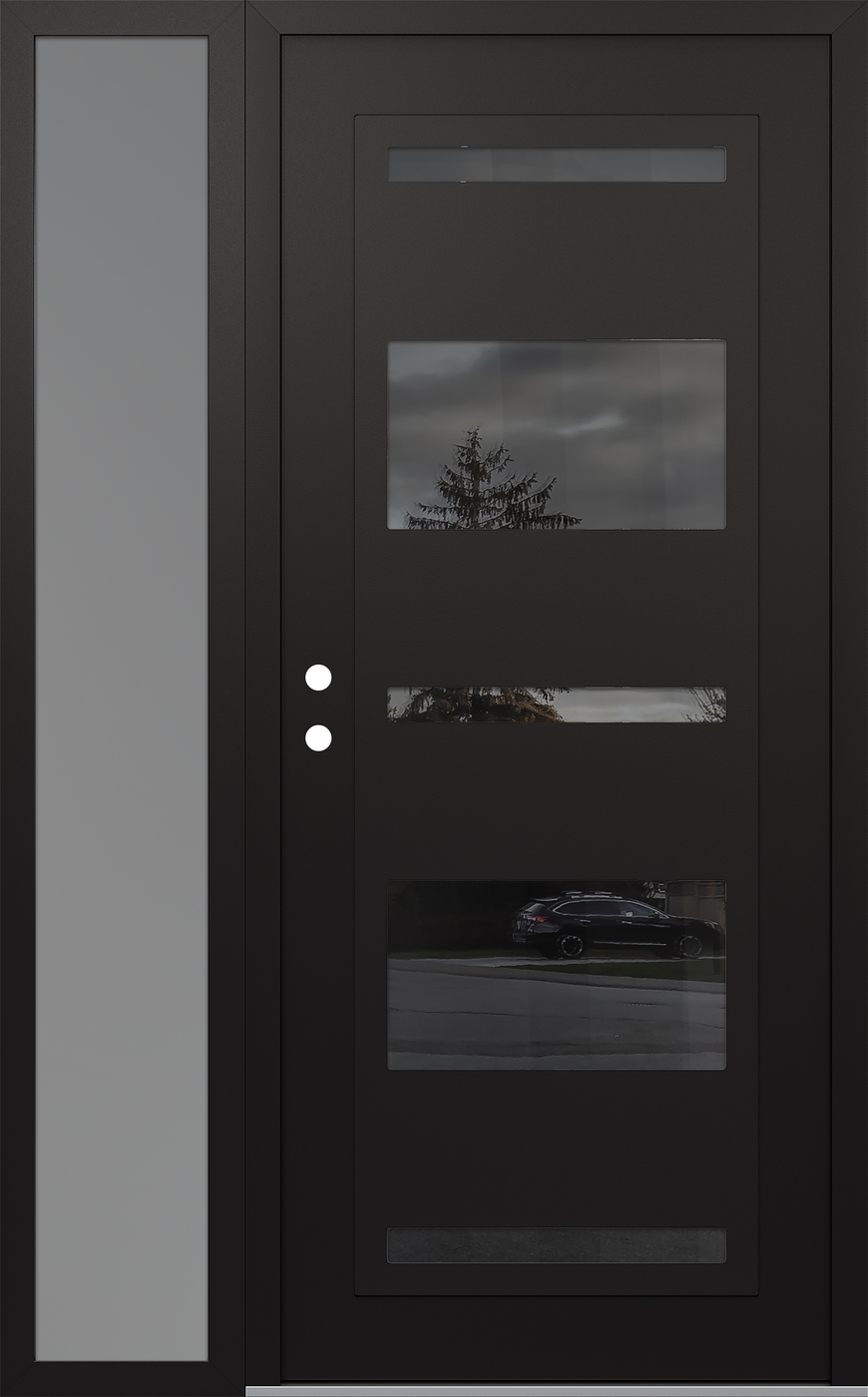 Modern Steel Front Door Diamond C10 50" x 80" black/black mirrored Glass Panel black RHI with Sidelite frosted Glass