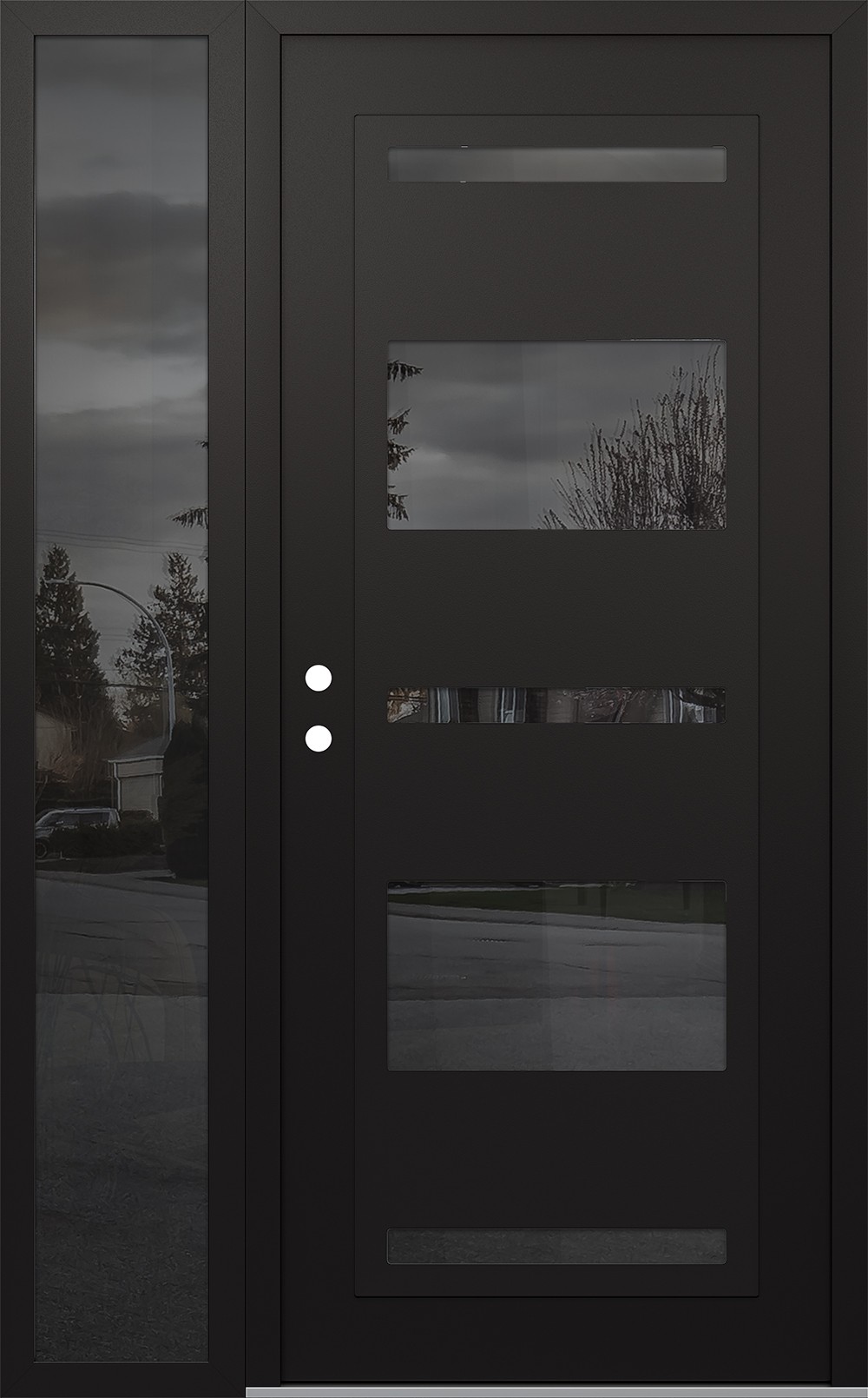 Modern Steel Front Door Diamond C10 50" x 80" black/black mirrored Glass Panel black RHI with Sidelite mirrored Glass