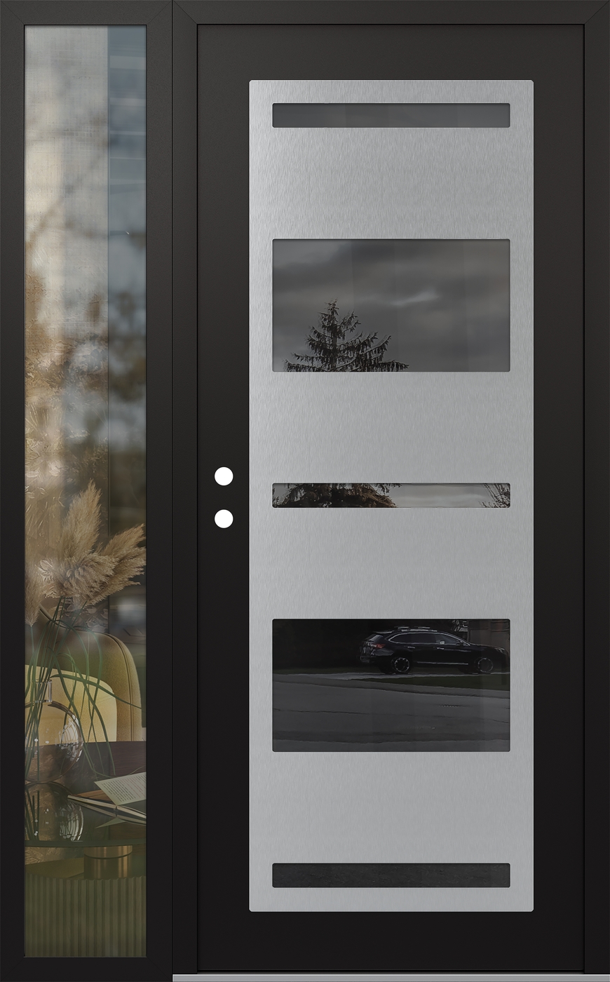 Modern Steel Front Door Diamond C10 50" x 80" black/black mirrored Glass Panel stainless steel RHI with Sidelite clear Glass