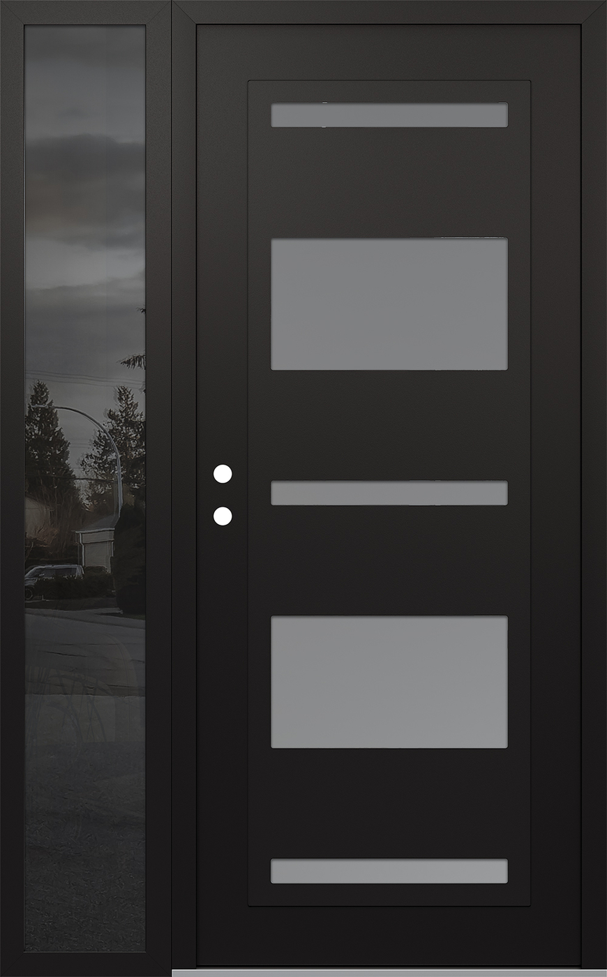 Modern Steel Front Door Diamond C10 50" x 80" black/white frosted Glass Panel black RHI with Sidelite mirrored Glass