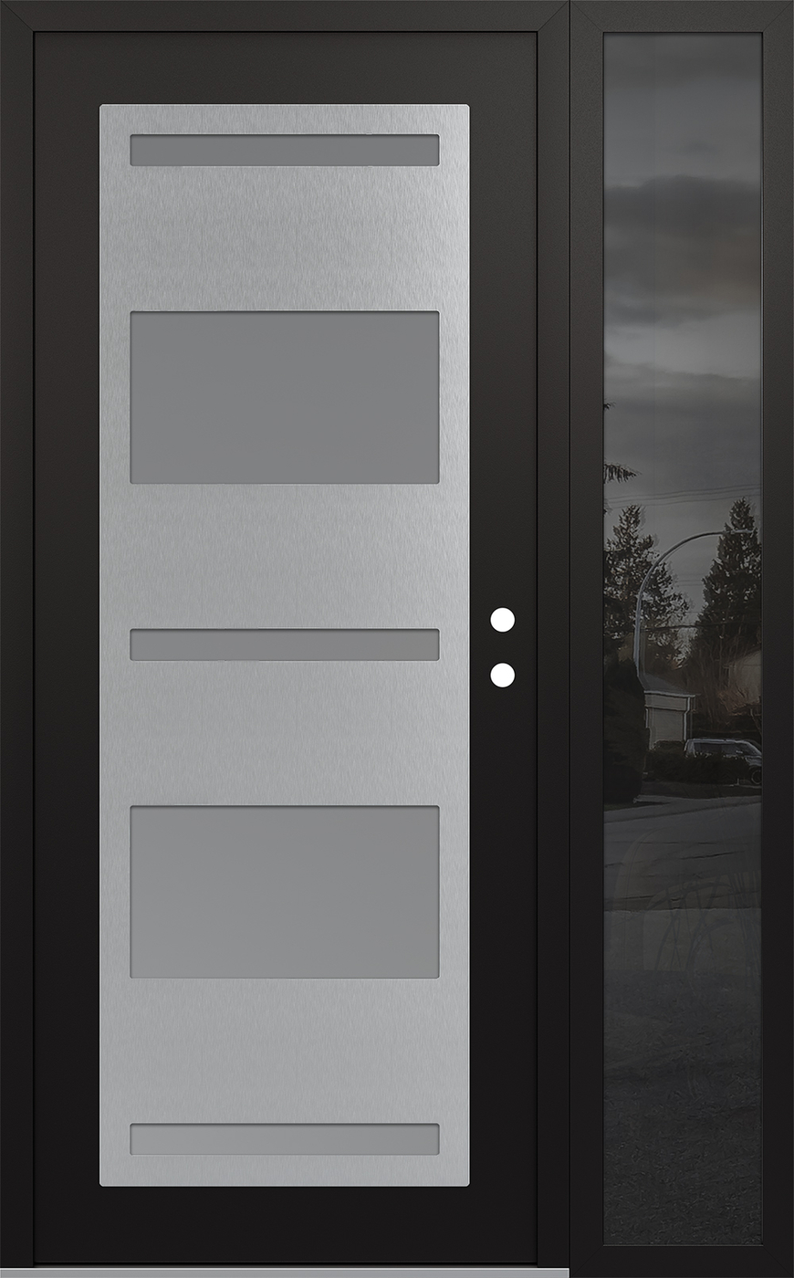 Modern Steel Front Door Diamond C10 50" x 80" black/white frosted Glass Panel stainless steel LHI with Sidelite mirrored Glass