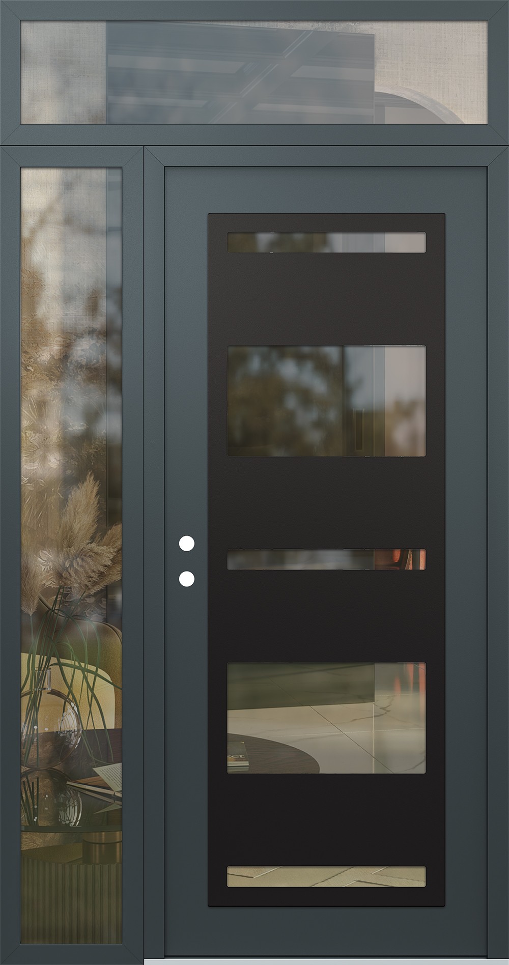 Modern Steel Front Door Diamond C10 50" x 96" anthracite/anthracite clear Glass Panel black RHI with Sidelite and Transom clear Glass
