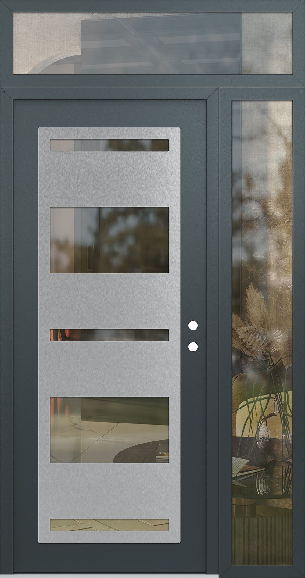 Modern Steel Front Door Diamond C10 50" x 96" anthracite/anthracite clear Glass Panel stainless steel LHI with Sidelite and Transom clear Glass