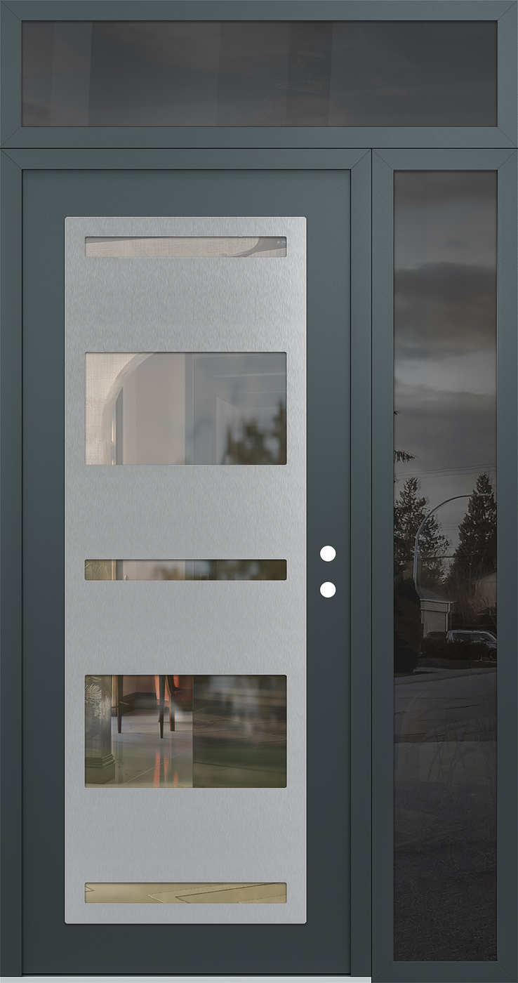 Modern Steel Front Door Diamond C10 50" x 96" anthracite/anthracite clear Glass Panel stainless steel LHI with Sidelite and Transom mirrored Glass