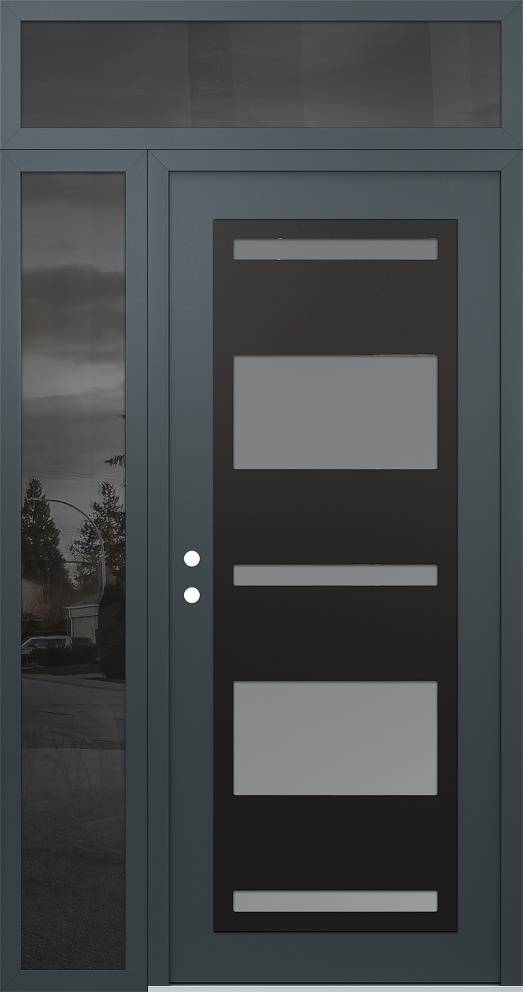 Modern Steel Front Door Diamond C10 50" x 96" anthracite/anthracite frosted Glass Panel black RHI with Sidelite and Transom mirrored Glass
