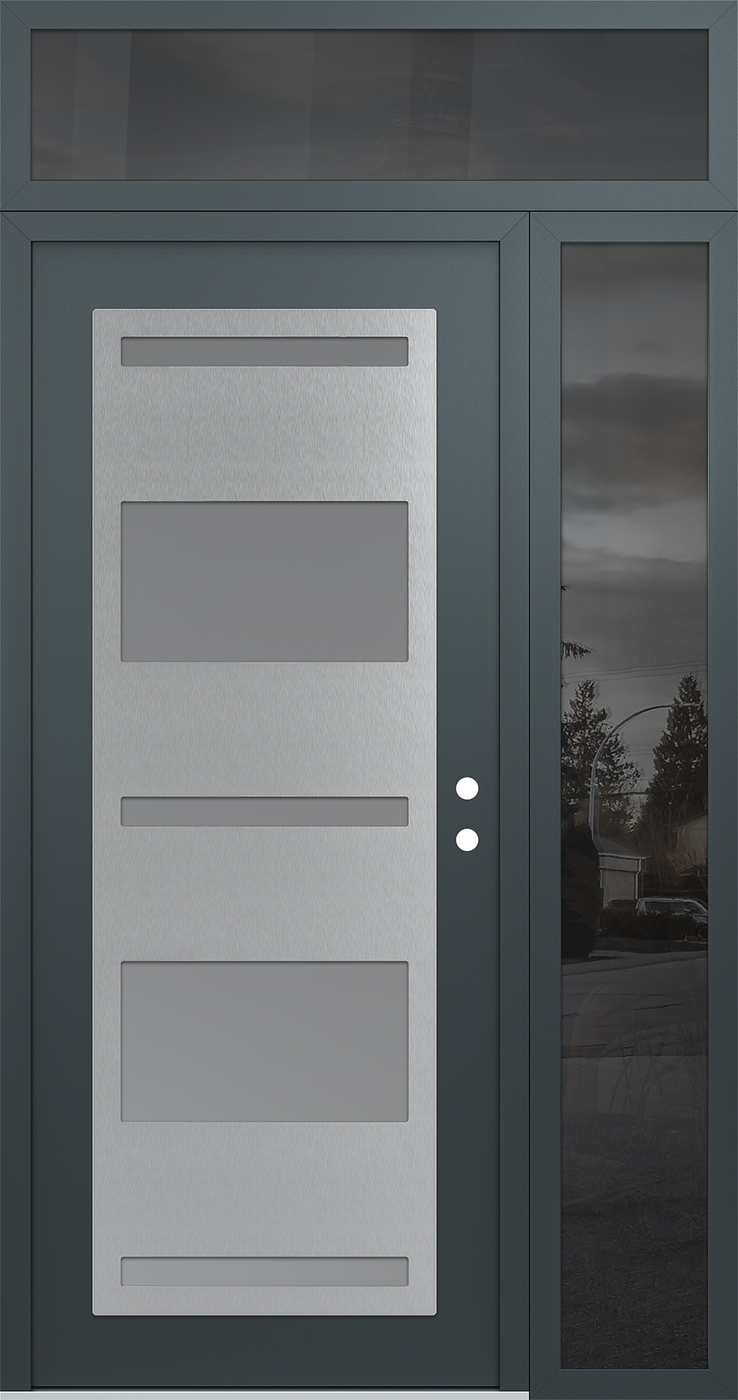 Modern Steel Front Door Diamond C10 50" x 96" anthracite/anthracite frosted Glass Panel stainless steel LHI with Sidelite and Transom mirrored Glass