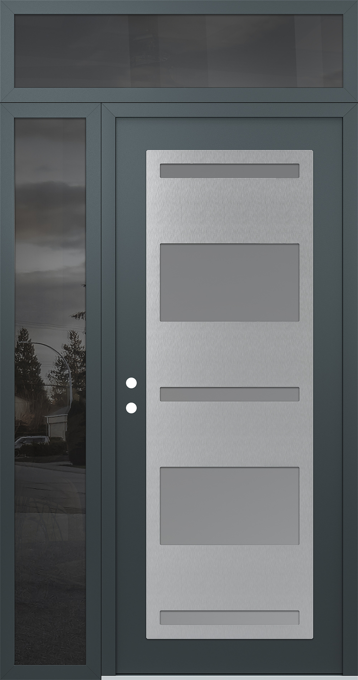 Modern Steel Front Door Diamond C10 50" x 96" anthracite/anthracite frosted Glass Panel stainless steel RHI with Sidelite and Transom mirrored Glass