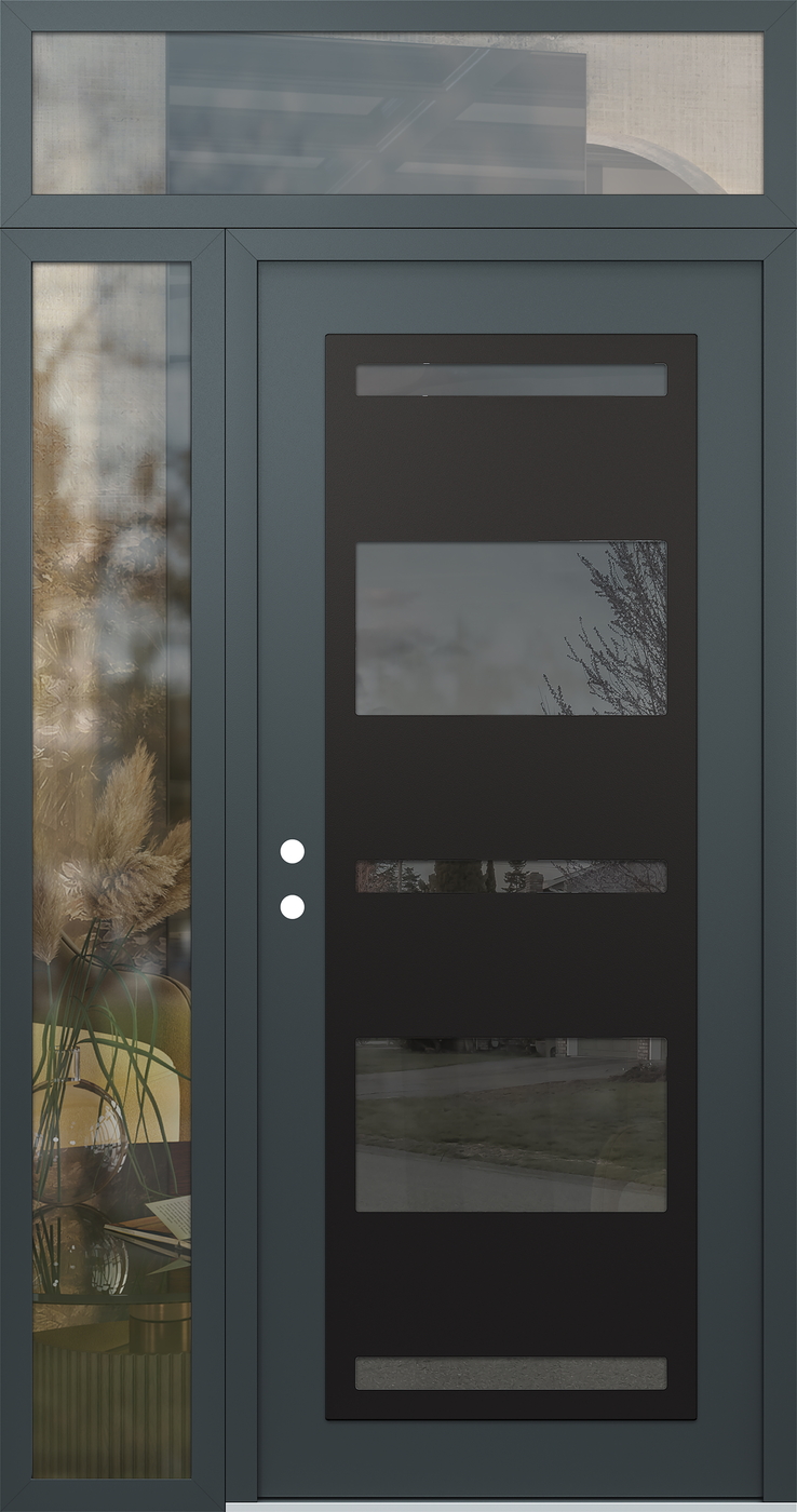 Modern Steel Front Door Diamond C10 50" x 96" anthracite/anthracite mirrored Glass Panel black RHI with Sidelite and Transom clear Glass