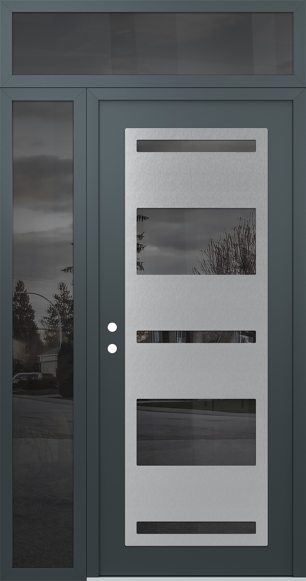 Modern Steel Front Door Diamond C10 50" x 96" anthracite/anthracite mirrored Glass Panel stainless steel RHI with Sidelite and Transom mirrored Glass