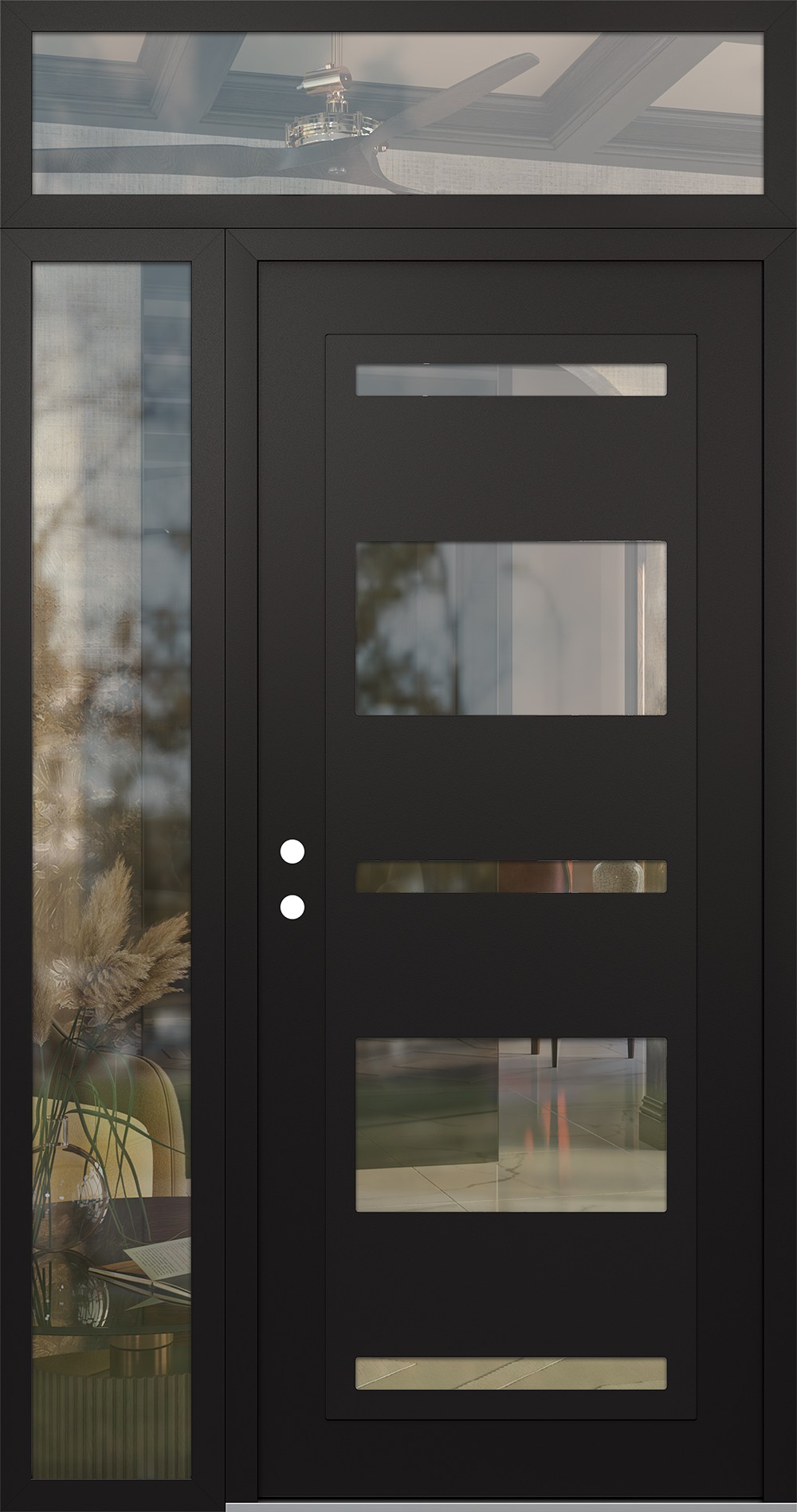 Modern Steel Front Door Diamond C10 50" x 96" black/black clear Glass Panel black RHI with Sidelite and Transom clear Glass