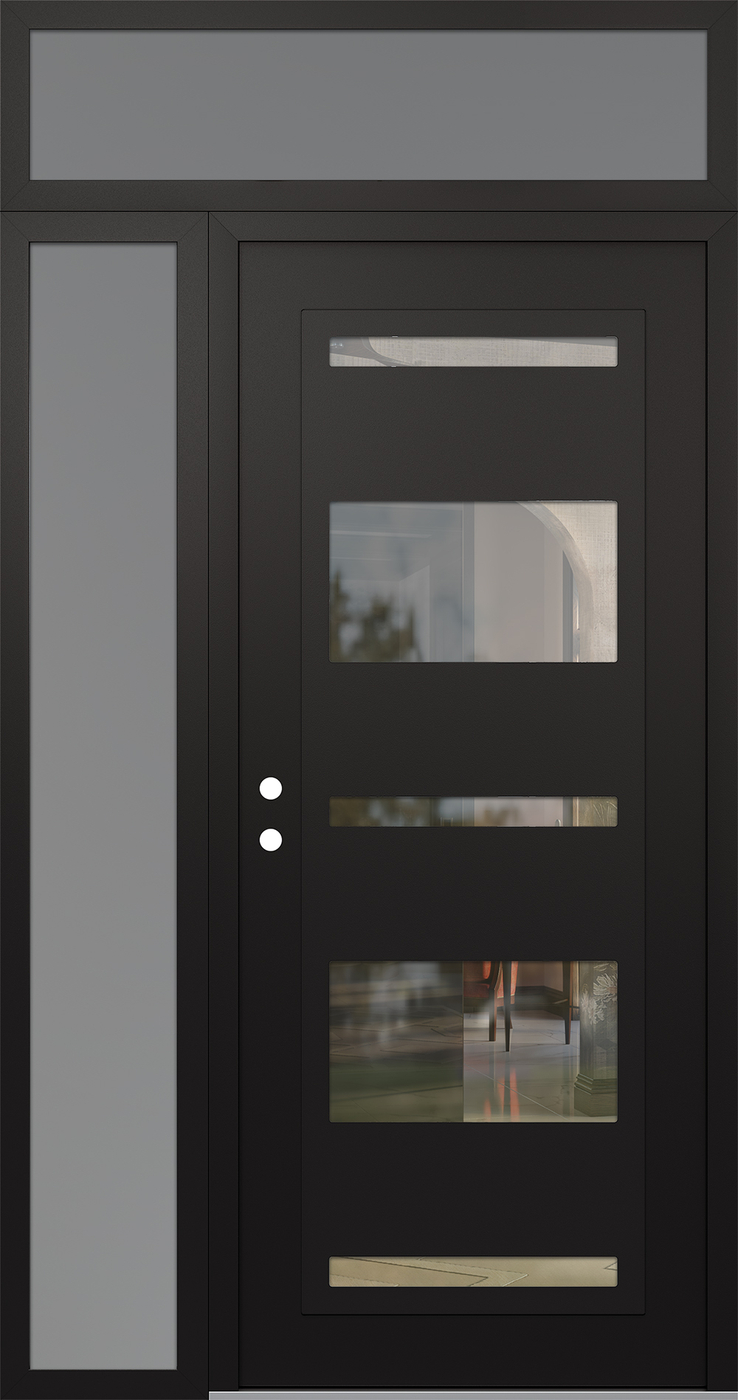 Modern Steel Front Door Diamond C10 50" x 96" black/black clear Glass Panel black RHI with Sidelite and Transom frosted Glass