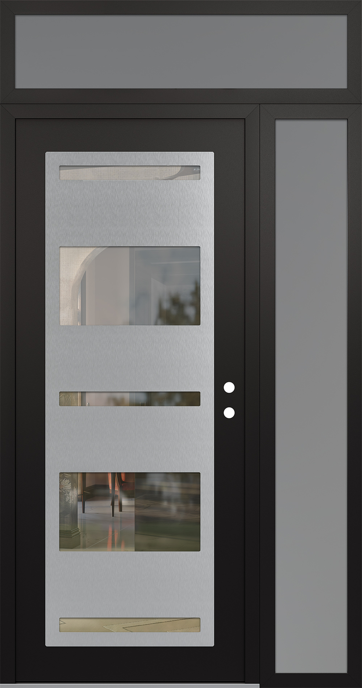 Modern Steel Front Door Diamond C10 50" x 96" black/black clear Glass Panel stainless steel LHI with Sidelite and Transom frosted Glass