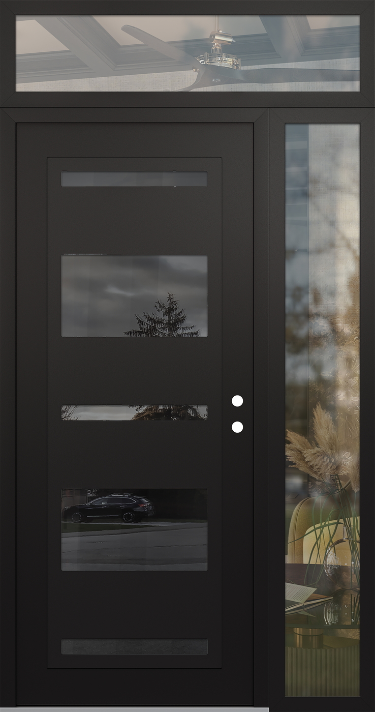 Modern Steel Front Door Diamond C10 50" x 96" black/black mirrored Glass Panel black LHI with Sidelite and Transom clear Glass