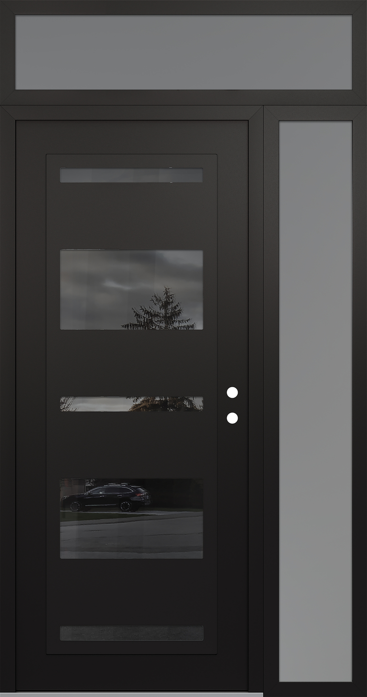 Modern Steel Front Door Diamond C10 50" x 96" black/black mirrored Glass Panel black LHI with Sidelite and Transom frosted Glass
