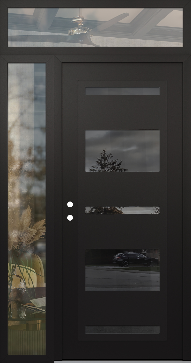 Modern Steel Front Door Diamond C10 50" x 96" black/black mirrored Glass Panel black RHI with Sidelite and Transom clear Glass