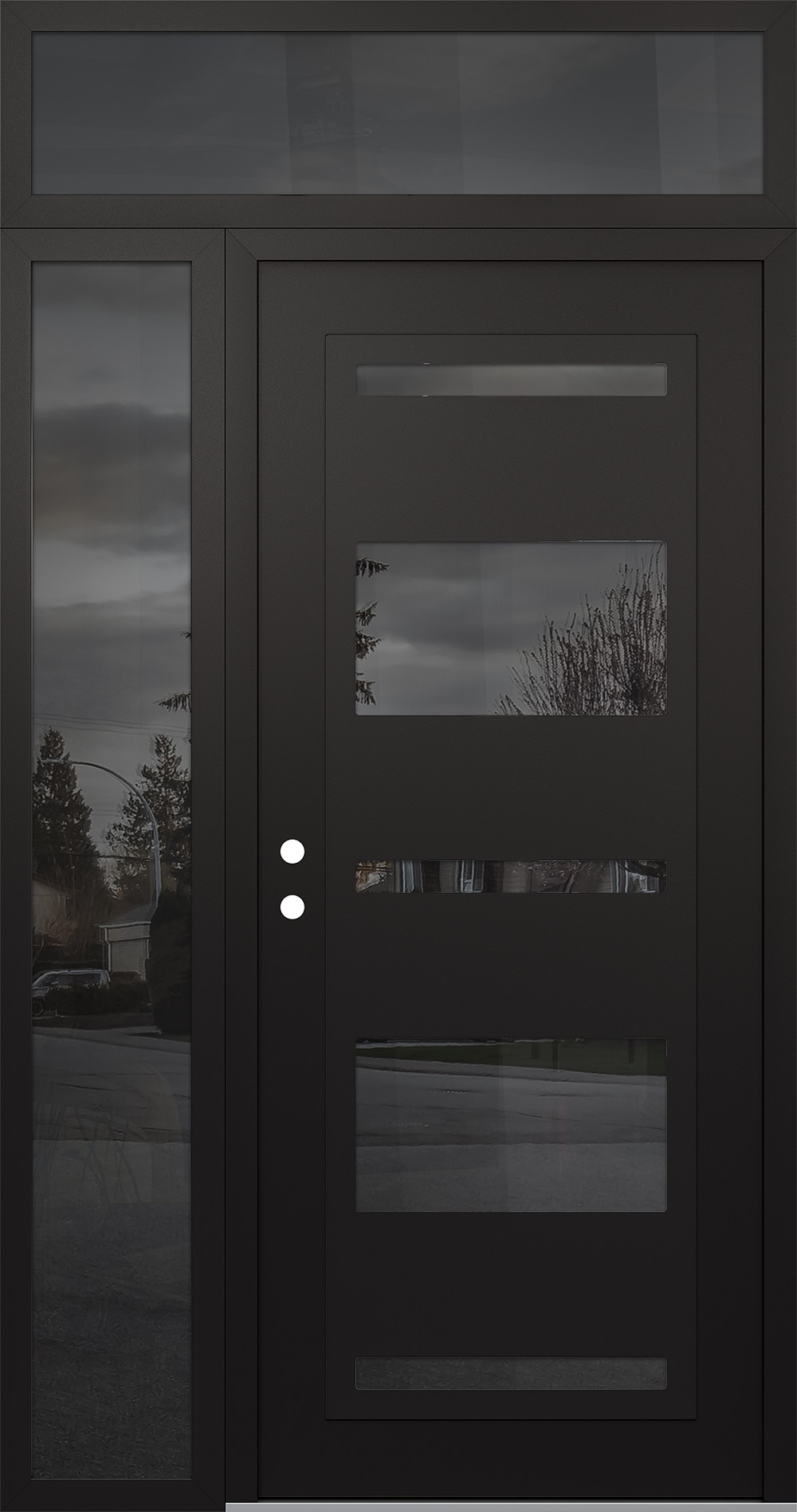 Modern Steel Front Door Diamond C10 50" x 96" black/black mirrored Glass Panel black RHI with Sidelite and Transom mirrored Glass