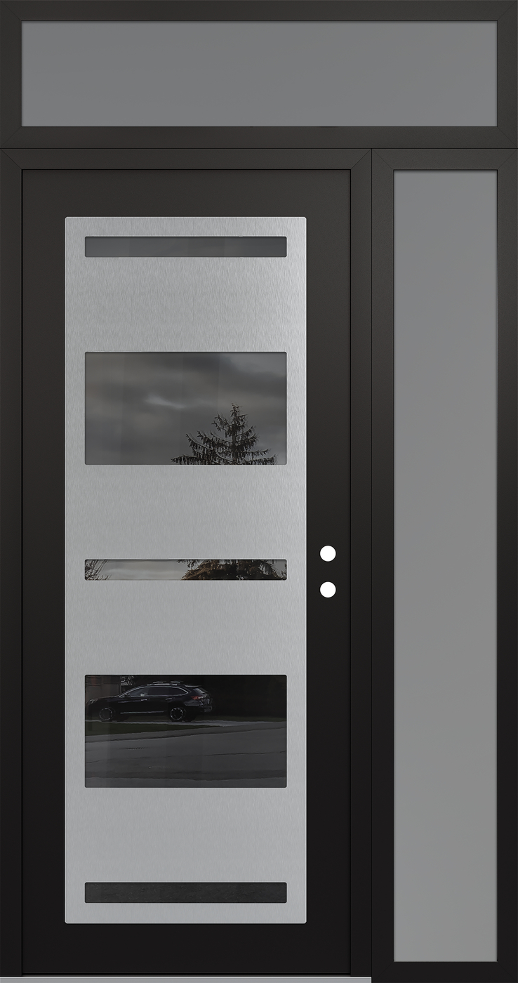 Modern Steel Front Door Diamond C10 50" x 96" black/black mirrored Glass Panel stainless steel LHI with Sidelite and Transom frosted Glass