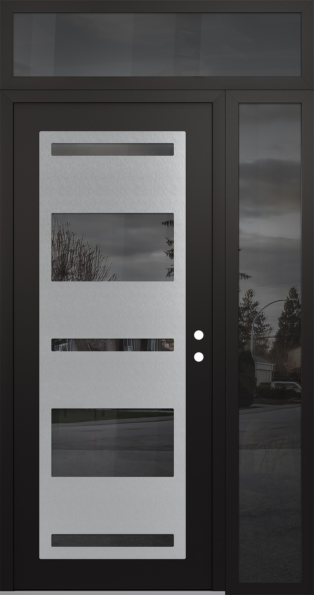Modern Steel Front Door Diamond C10 50" x 96" black/black mirrored Glass Panel stainless steel LHI with Sidelite and Transom mirrored Glass