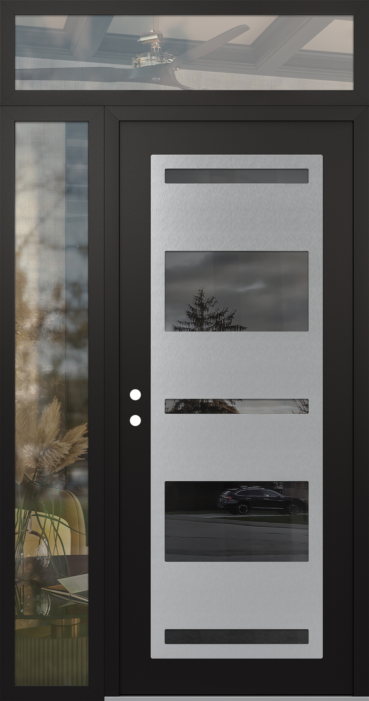 Modern Steel Front Door Diamond C10 50" x 96" black/black mirrored Glass Panel stainless steel RHI with Sidelite and Transom clear Glass