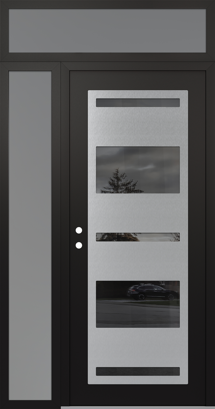 Modern Steel Front Door Diamond C10 50" x 96" black/black mirrored Glass Panel stainless steel RHI with Sidelite and Transom frosted Glass