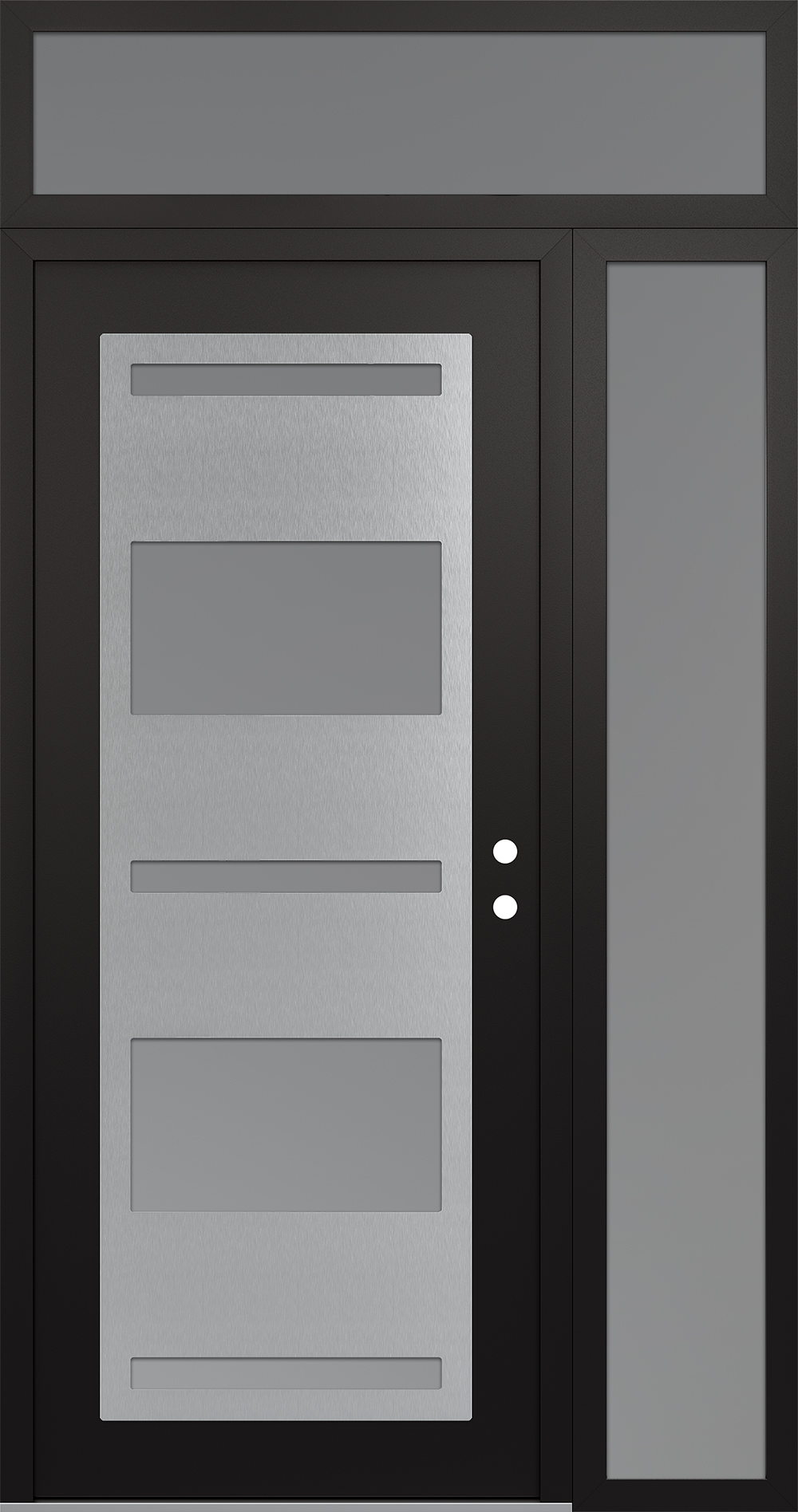 Modern Steel Front Door Diamond C10 50" x 96" black/white frosted Glass Panel stainless steel LHI with Sidelite and Transom frosted Glass