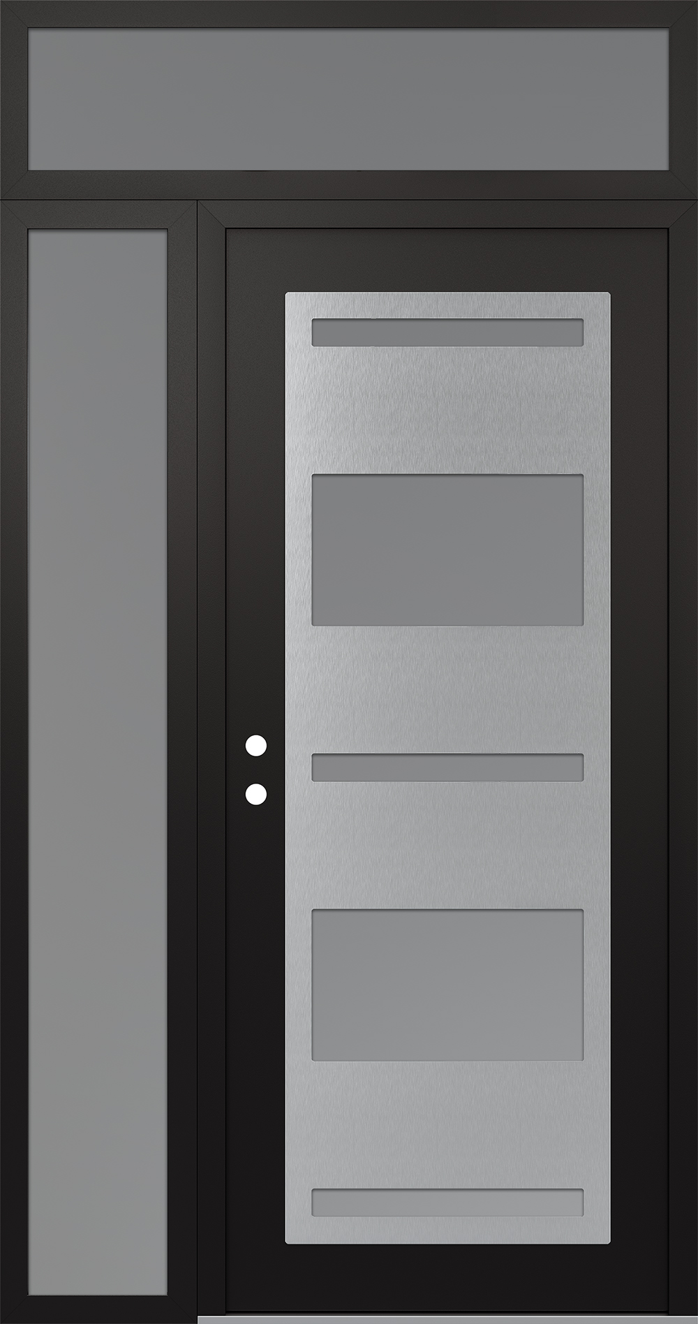 Modern Steel Front Door Diamond C10 50" x 96" black/white frosted Glass Panel stainless steel RHI with Sidelite and Transom frosted Glass