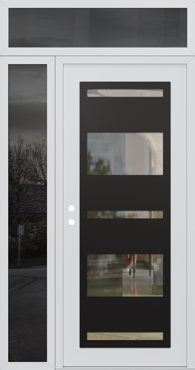 Modern Steel Front Door Diamond C10 50" x 96" white/white clear Glass Panel black RHI with Sidelite and Transom mirrored Glass