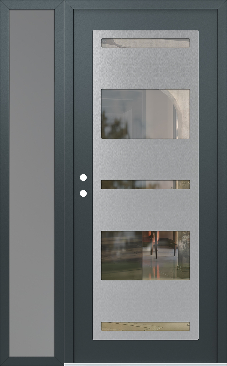 Modern Steel Front Door Diamond C10 52" x 80" anthracite/anthracite clear Glass Panel stainless steel RHI with Sidelite frosted Glass