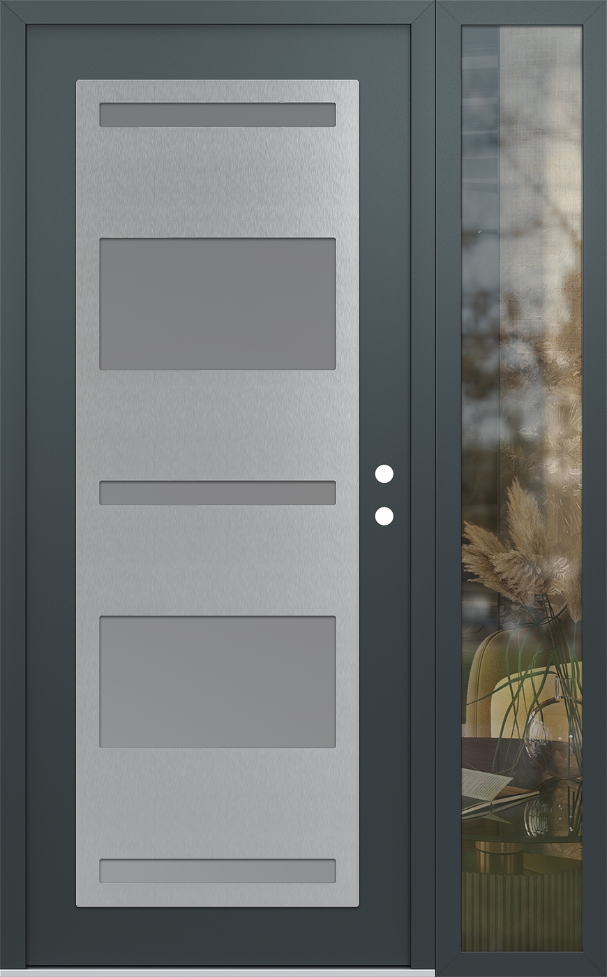 Modern Steel Front Door Diamond C10 52" x 80" anthracite/anthracite frosted Glass Panel stainless steel LHI with Sidelite clear Glass