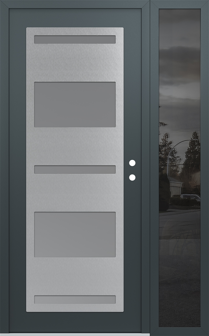 Modern Steel Front Door Diamond C10 52" x 80" anthracite/anthracite frosted Glass Panel stainless steel LHI with Sidelite mirrored Glass