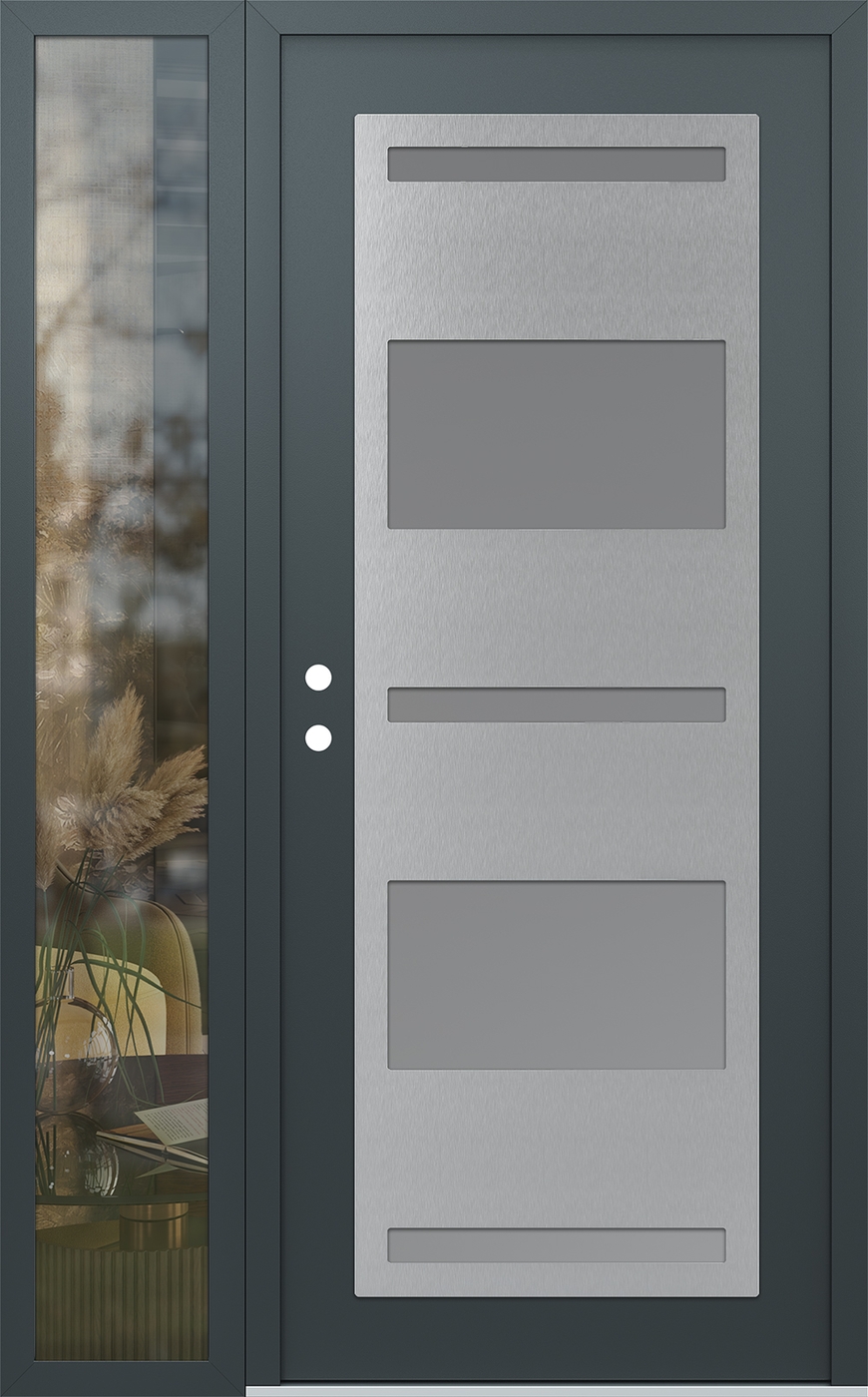 Modern Steel Front Door Diamond C10 52" x 80" anthracite/anthracite frosted Glass Panel stainless steel RHI with Sidelite clear Glass