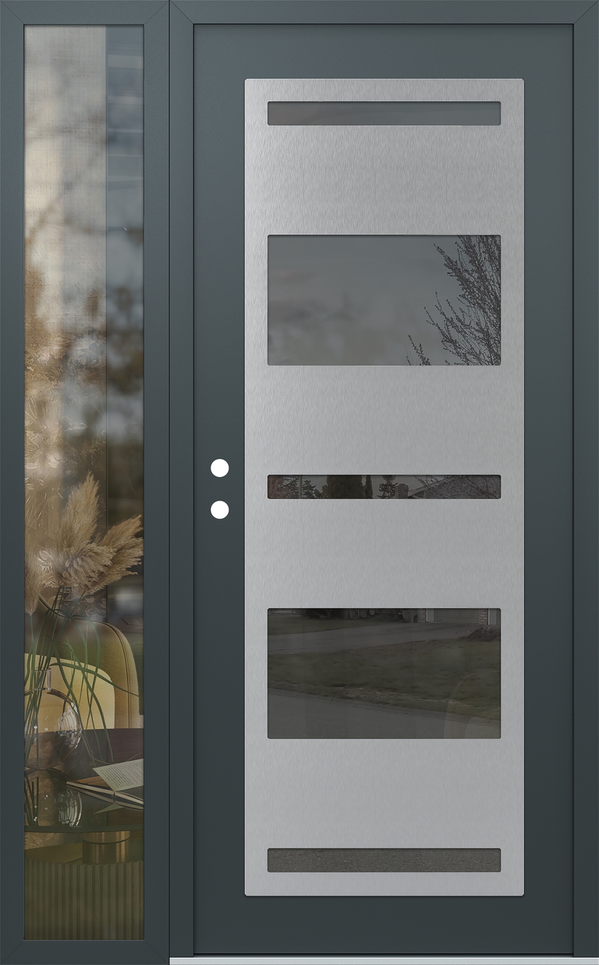 Modern Steel Front Door Diamond C10 52" x 80" anthracite/anthracite mirrored Glass Panel stainless steel RHI with Sidelite clear Glass