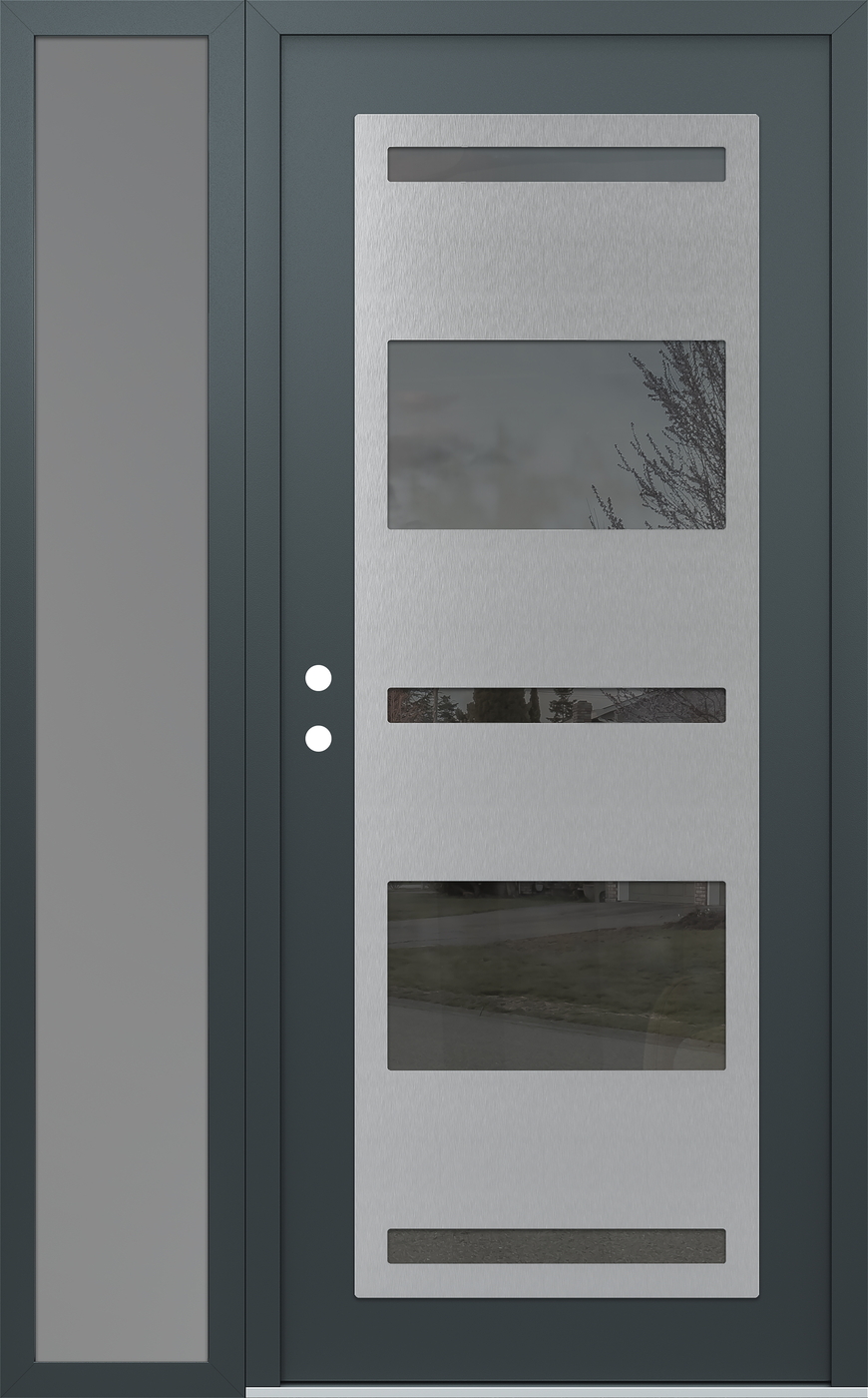 Modern Steel Front Door Diamond C10 52" x 80" anthracite/anthracite mirrored Glass Panel stainless steel RHI with Sidelite frosted Glass