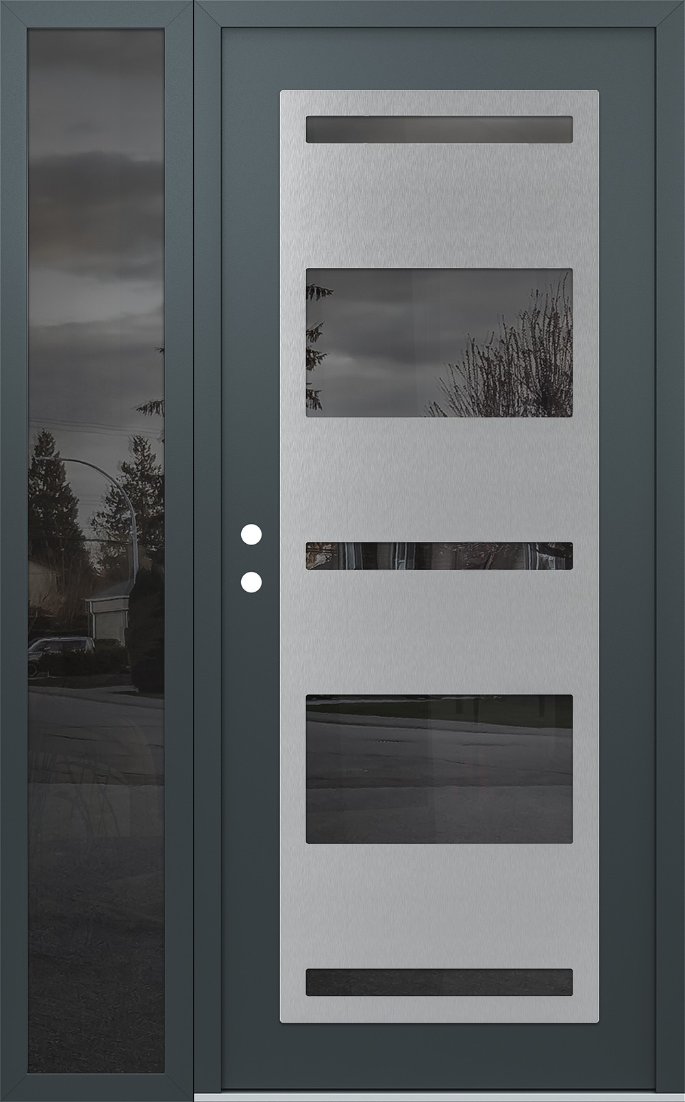 Modern Steel Front Door Diamond C10 52" x 80" anthracite/anthracite mirrored Glass Panel stainless steel RHI with Sidelite mirrored Glass