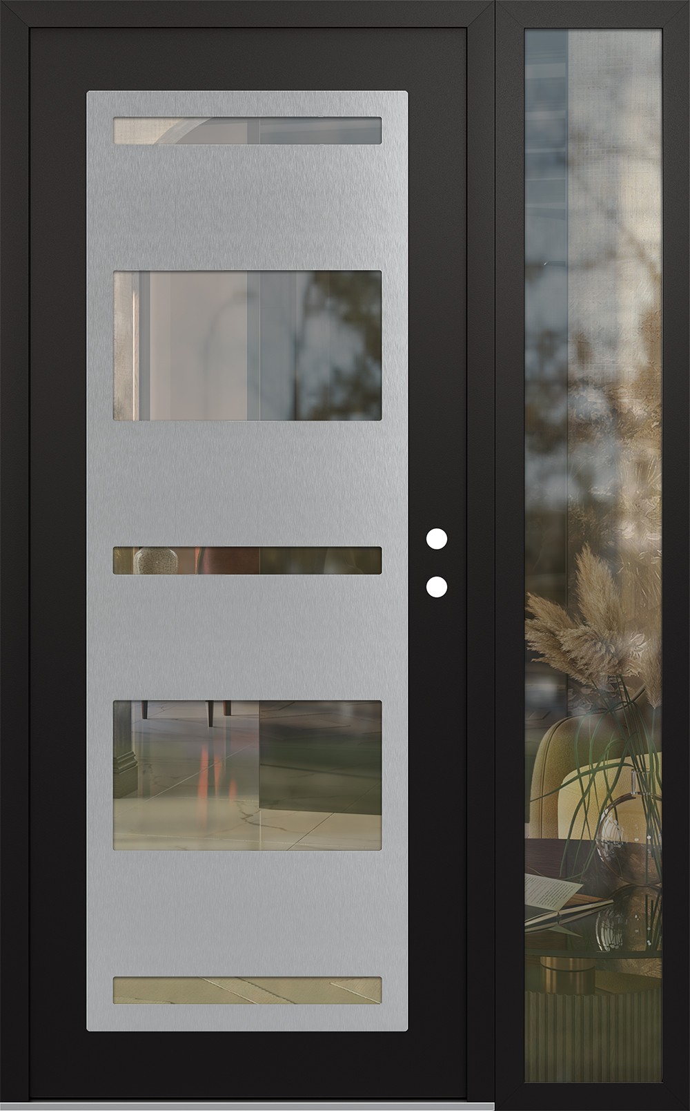 Modern Steel Front Door Diamond C10 52" x 80" black/black clear Glass Panel stainless steel LHI with Sidelite clear Glass