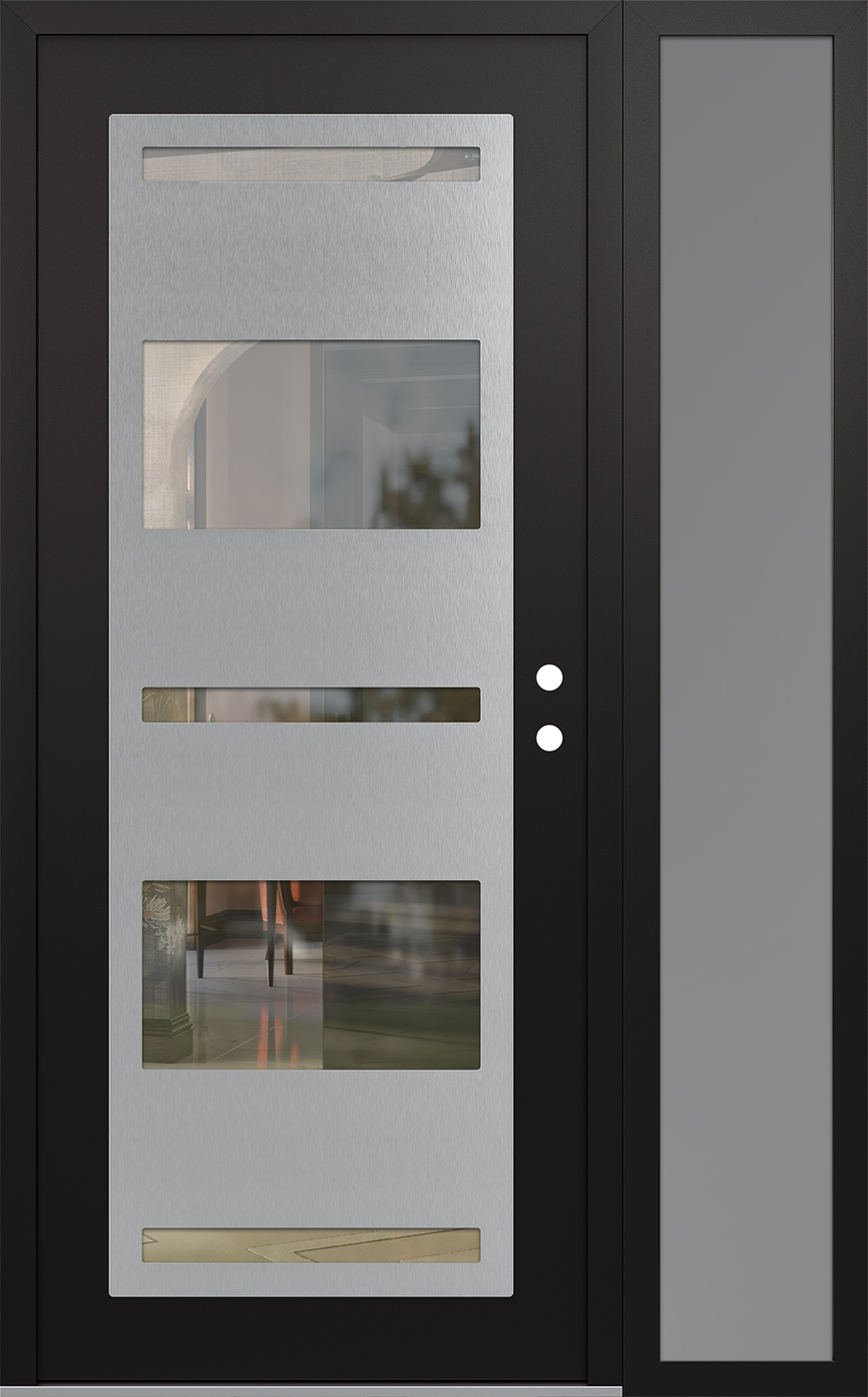 Modern Steel Front Door Diamond C10 52" x 80" black/black clear Glass Panel stainless steel LHI with Sidelite frosted Glass