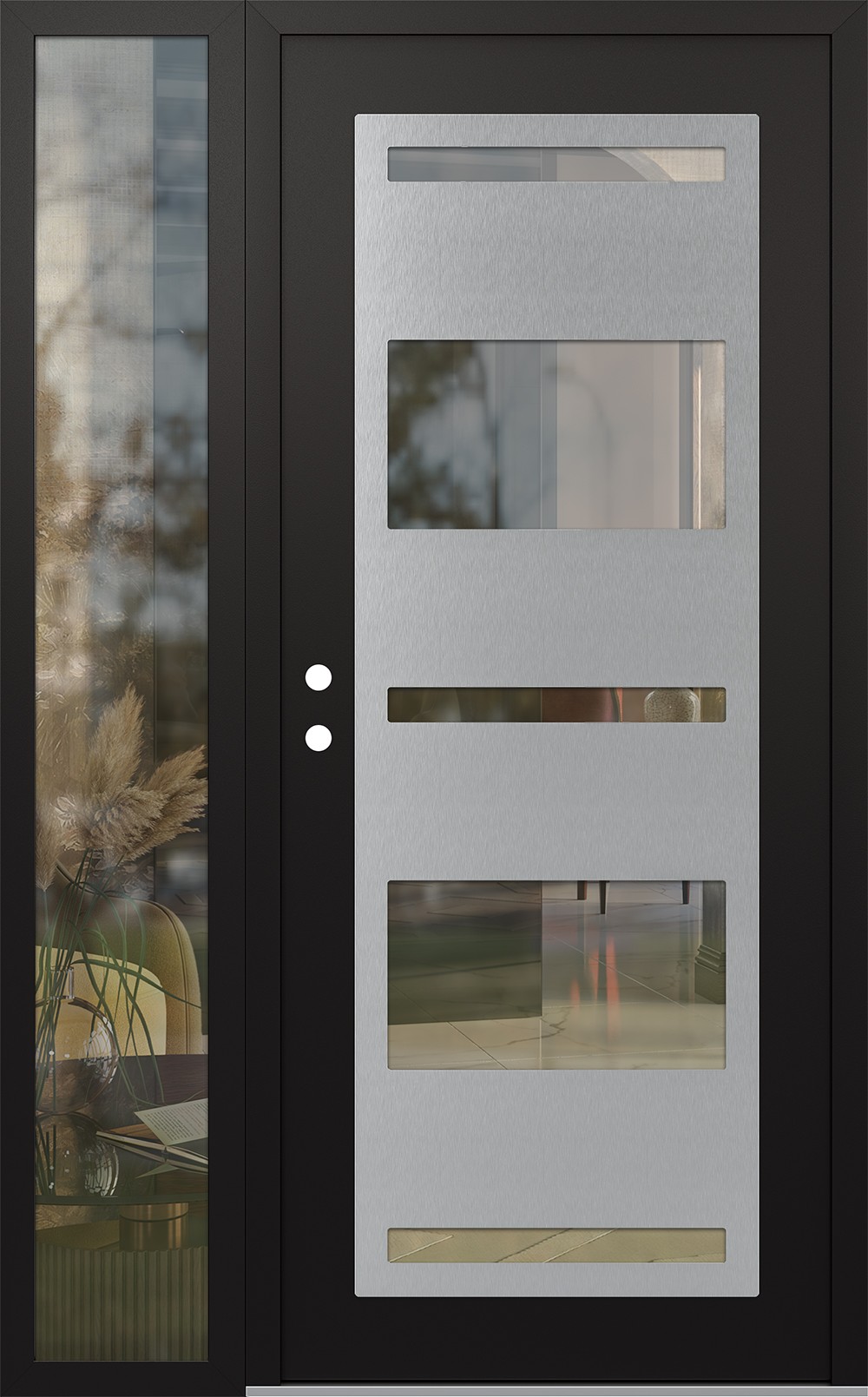 Modern Steel Front Door Diamond C10 52" x 80" black/black clear Glass Panel stainless steel RHI with Sidelite clear Glass
