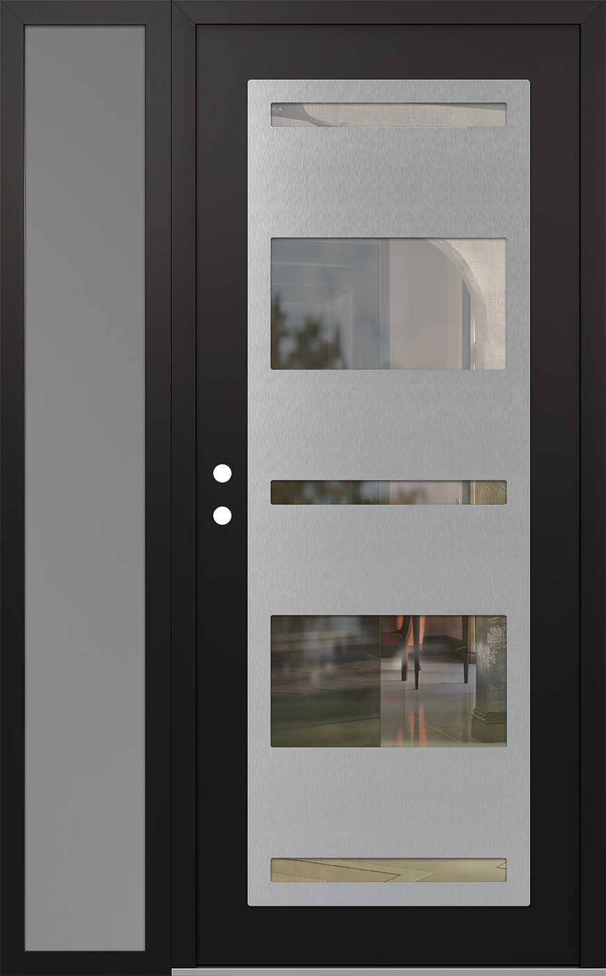 Modern Steel Front Door Diamond C10 52" x 80" black/black clear Glass Panel stainless steel RHI with Sidelite frosted Glass