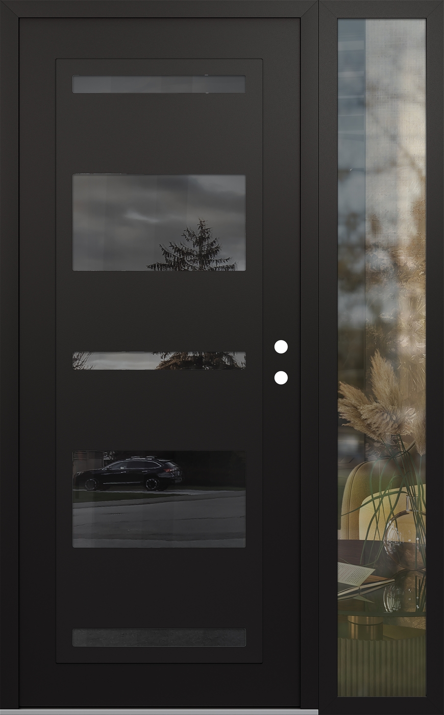 Modern Steel Front Door Diamond C10 52" x 80" black/black mirrored Glass Panel black LHI with Sidelite clear Glass