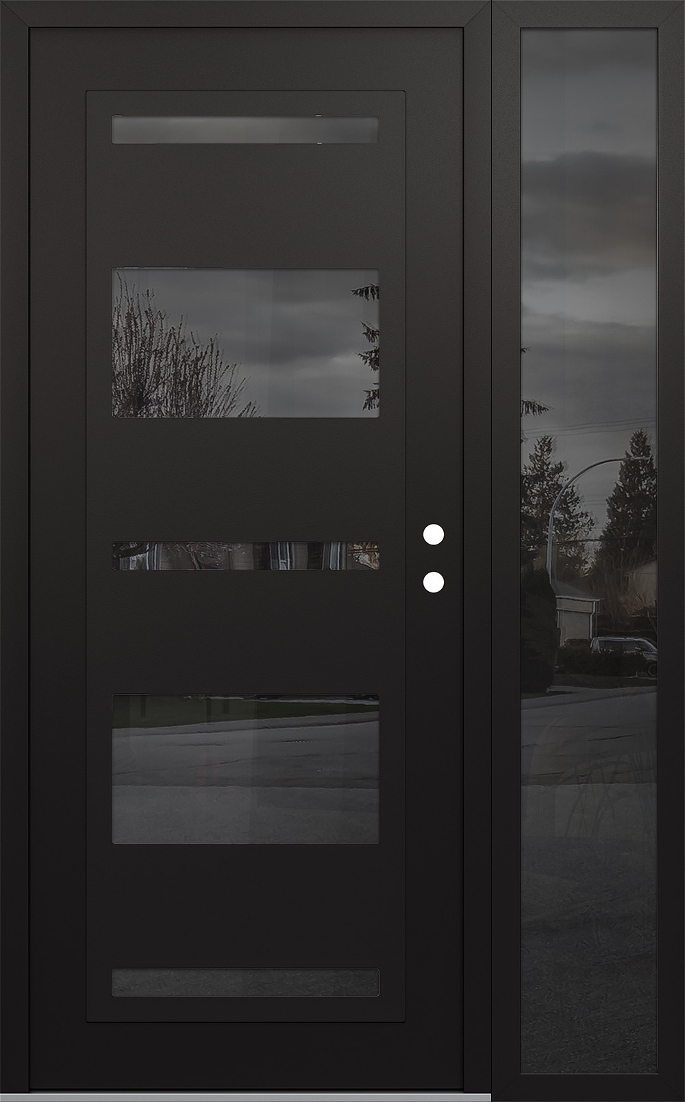 Modern Steel Front Door Diamond C10 52" x 80" black/black mirrored Glass Panel black LHI with Sidelite mirrored Glass