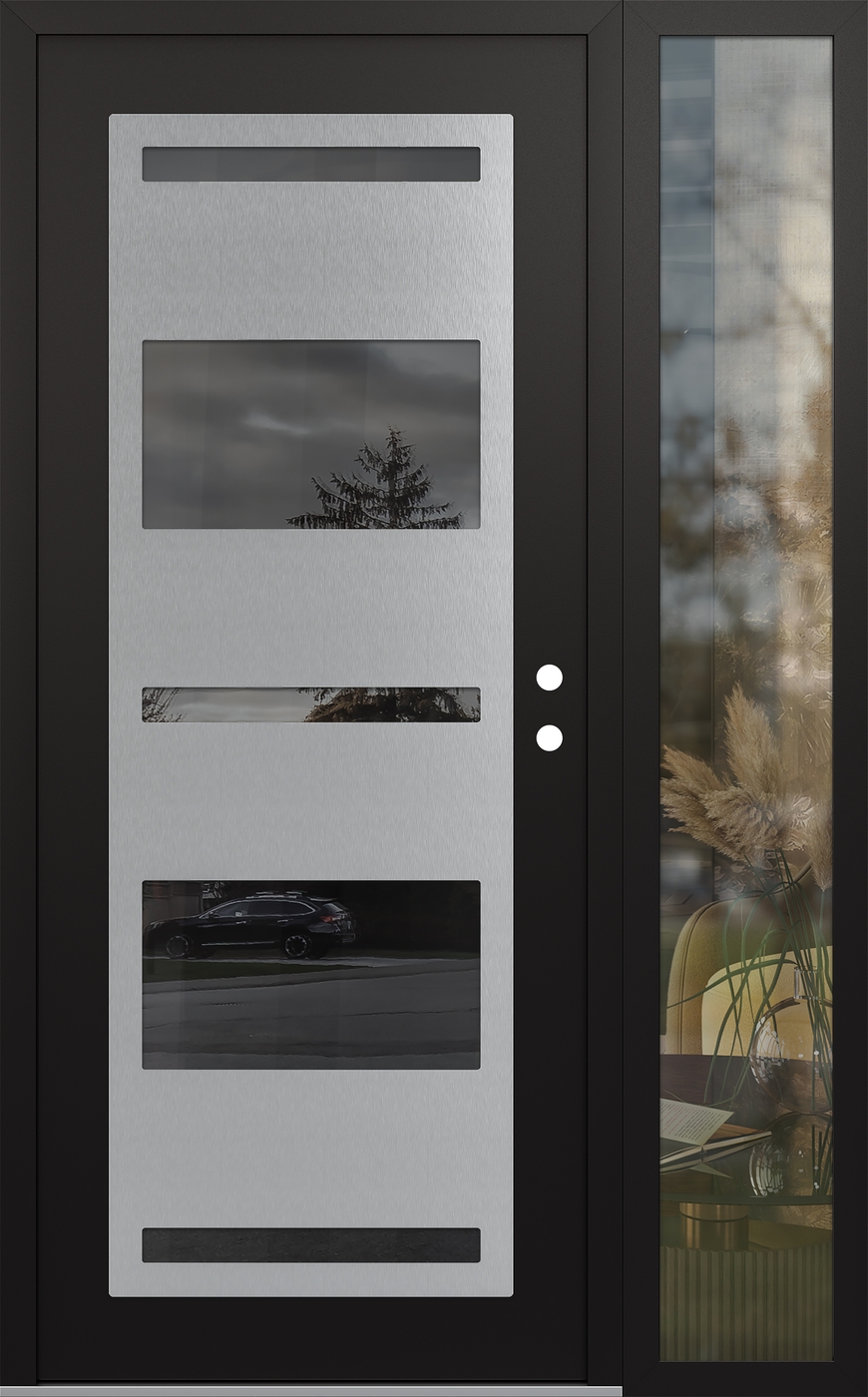 Modern Steel Front Door Diamond C10 52" x 80" black/black mirrored Glass Panel stainless steel LHI with Sidelite clear Glass