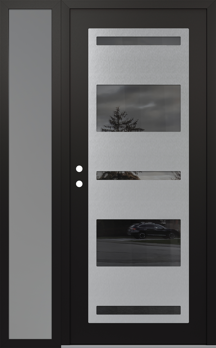 Modern Steel Front Door Diamond C10 52" x 80" black/black mirrored Glass Panel stainless steel RHI with Sidelite frosted Glass