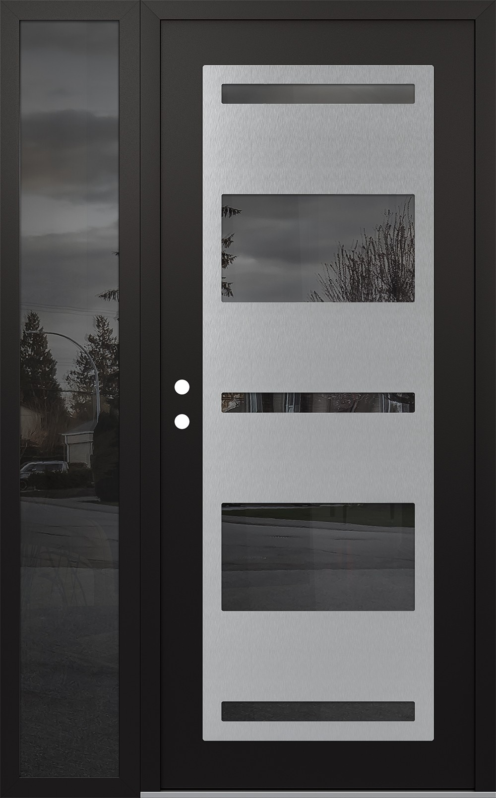 Modern Steel Front Door Diamond C10 52" x 80" black/black mirrored Glass Panel stainless steel RHI with Sidelite mirrored Glass